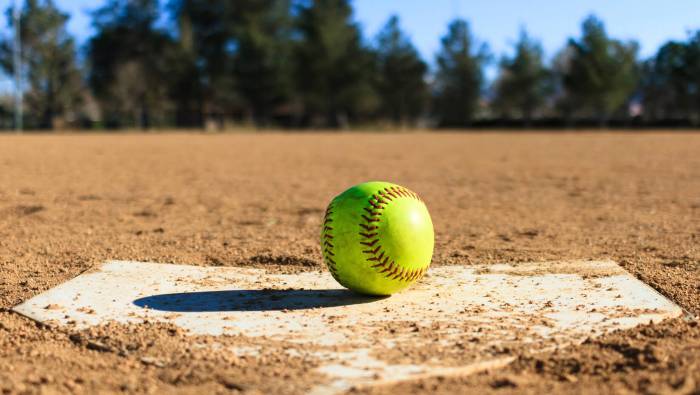 Batted ball hits home plate softball