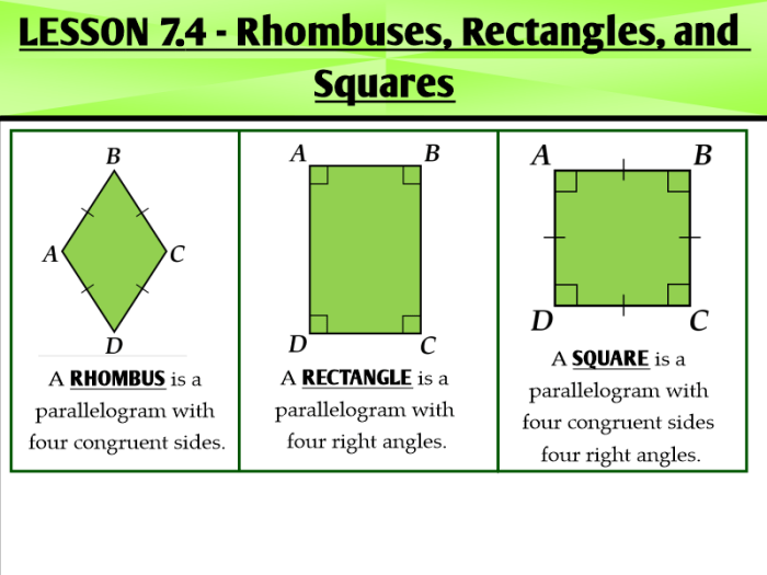 Micha is learning about rhombuses and squares